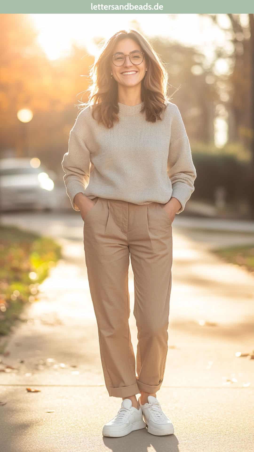 Frau mit braunen Chinos und grauem Pullover