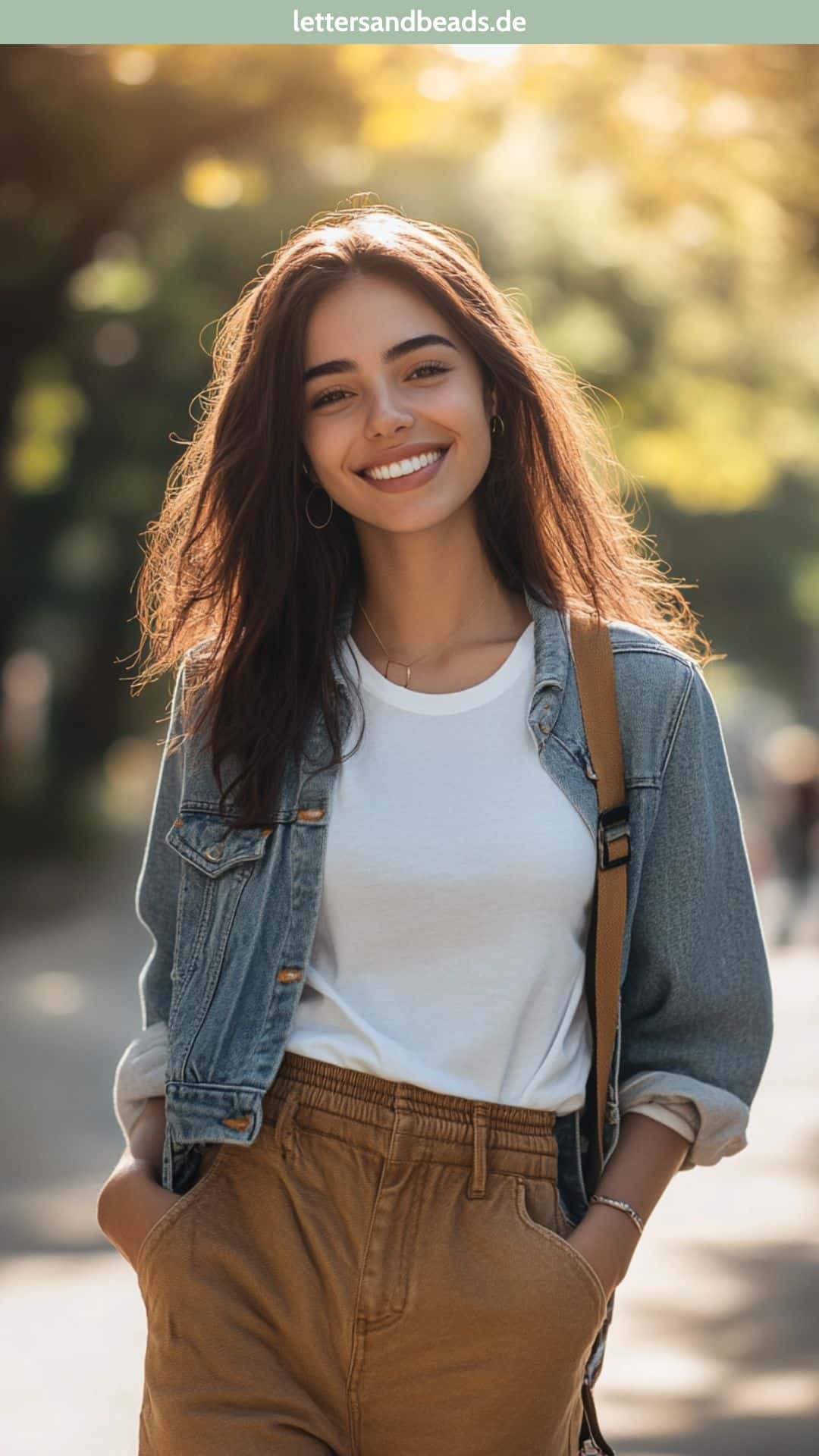 Frau mit braunen Joggern und Jeansjacke